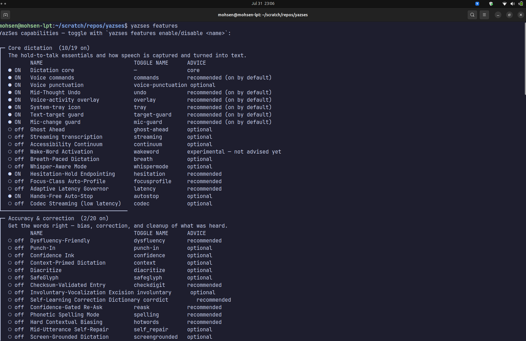 yazses features — capabilities grouped by category, each with its on/off state, toggle name, and advice tier